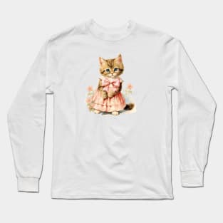 Pretty Kitty Vintage Cat Pink Bow Long Sleeve T-Shirt